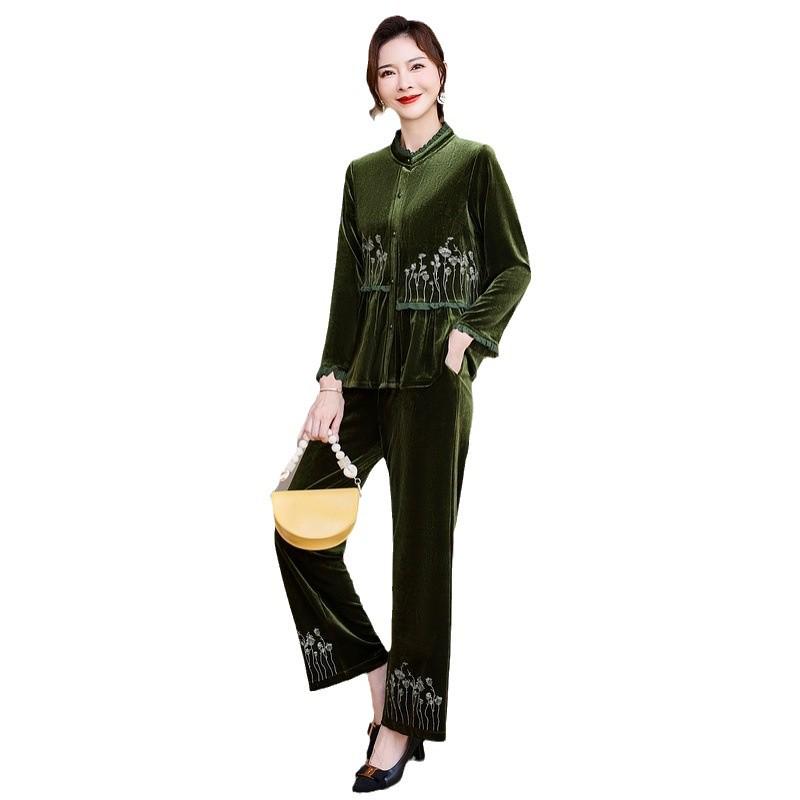 Set elegant din catifea aurie din două piese pentru primăvară și toamnă pentru femei, stil chinezesc nou pentru vârsta mijlocie și vârstnici