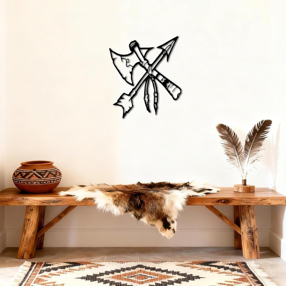 Metal Arrow Wall Art Native American Viking Decor Axe with Arrows Black Rustproof Home Decor 12.5x11 inch for Living Room Office Garden
