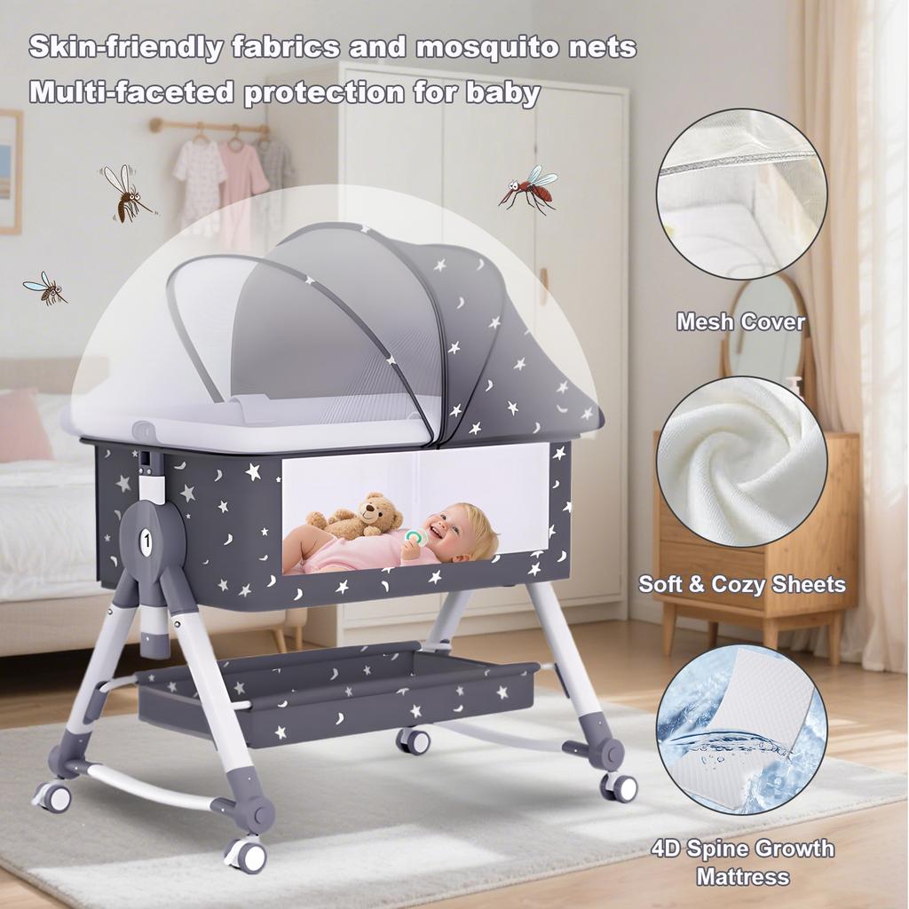 Bedside Bassinet for Baby Unisex Portable Travel Cribs with Wheels 3 in 1 Crib Foldable Height Adjustment Movable Bedside Swing