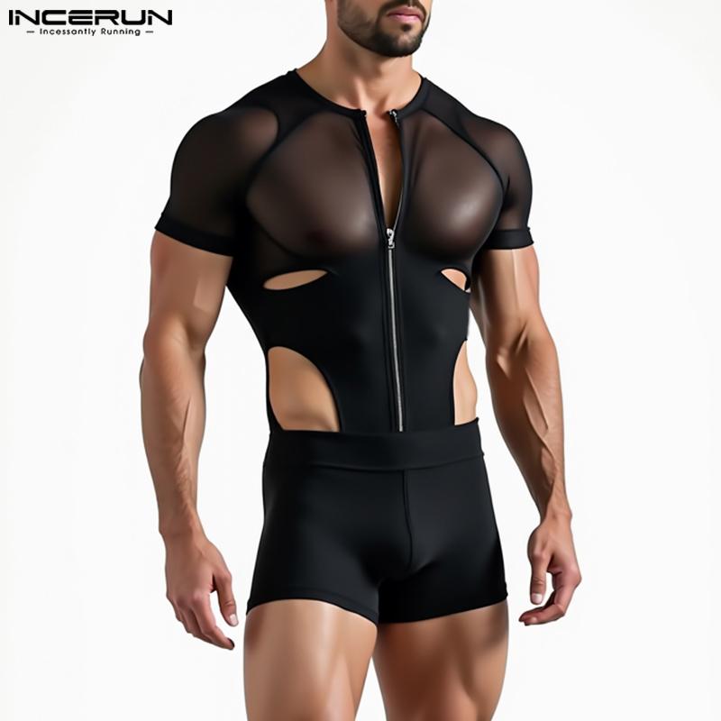 INCERUN Men Mesh Zip-up Long Sleeve Patchwork See Through Short Romper Jumpsuits  Bodysuits