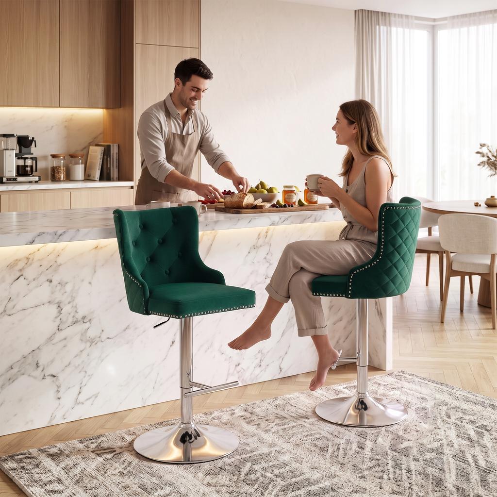 Bar Stools Set of 2, Modern Swivel & Adjustable Velvet Barstools with Button-Tufted Back, Footrest for Home Bar, Green