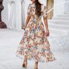 Boho Floralprint Maxikleid für Damen Sommer Strandsonnenkleid mit tiefem V-Ausschnitt Rüschenkurzarm Chiffon Langes Freizeitkleid