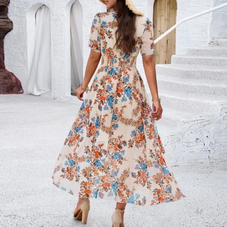 Boho Floralprint Maxikleid für Damen Sommer Strandsonnenkleid mit tiefem V-Ausschnitt Rüschenkurzarm Chiffon Langes Freizeitkleid