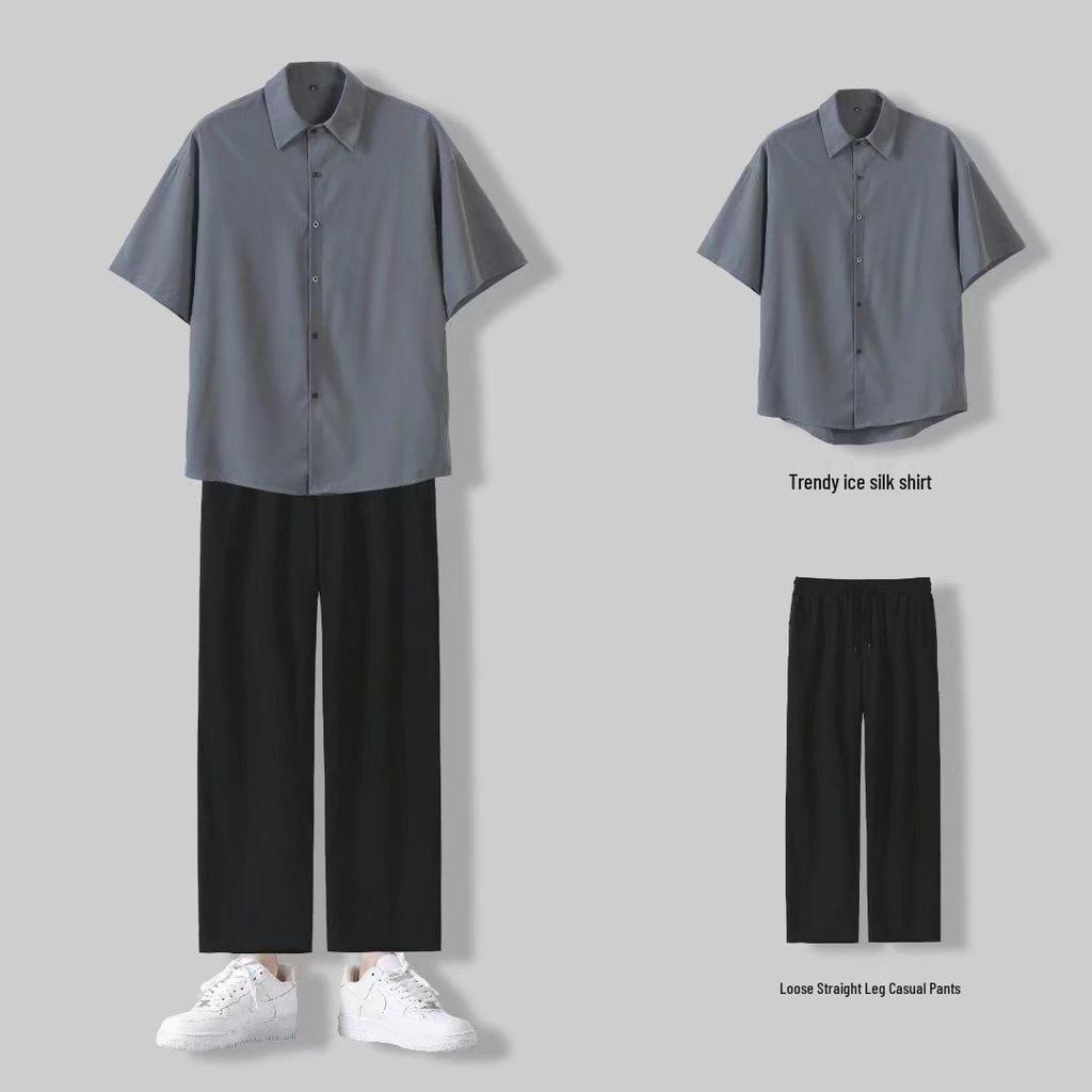Men's Summer Punk Style Two-Piece Set: Short Sleeve Shirt and Wide-Leg Pants