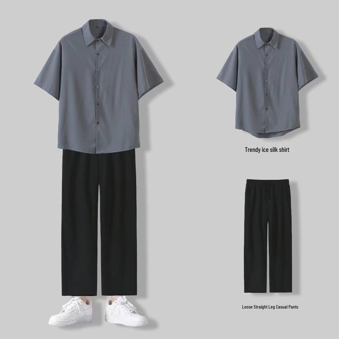

Men s Summer Punk Style Two-Piece Set: Short Sleeve Shirt and Wide-Leg Pants XL серый