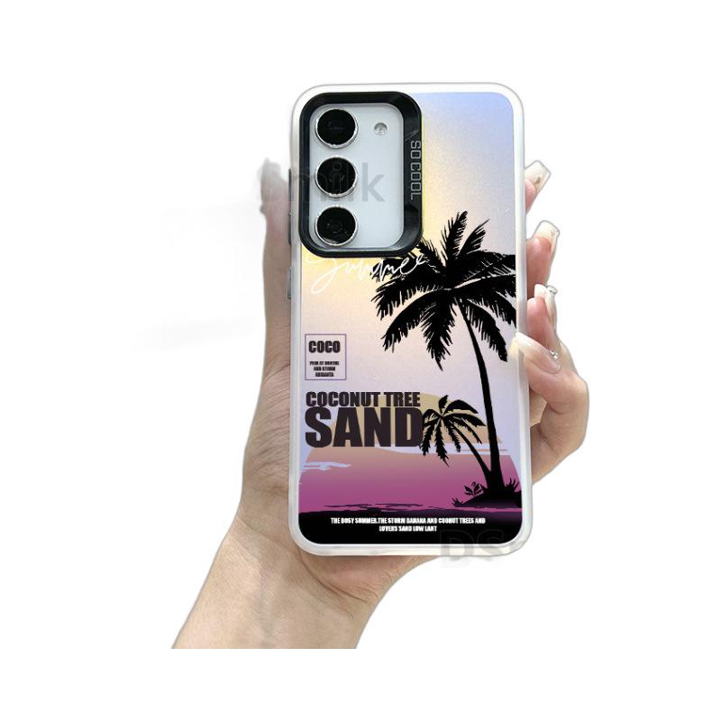 Samsung Colorful Laser Mobile Phone Case for S24Plus, S23, S22, S21 - Choose Aurora White or Coconut Tree Design.