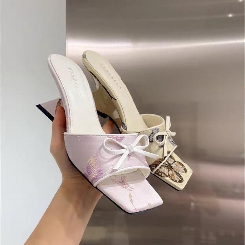 High Heels Slippers Summer New Square Head Open Toe Printed Butterfly Knot Anti-slip Wear-resistant High Heels
