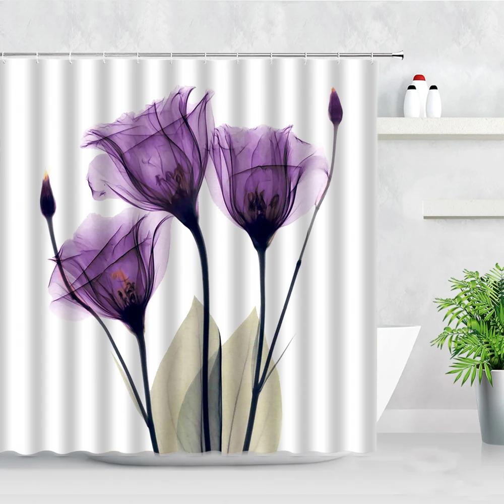 Natural Floral Shower Curtains Flowers Green Leaf Butterfly Water Color Art Nordic Modern Waterproof Bathroom Decor Curtain