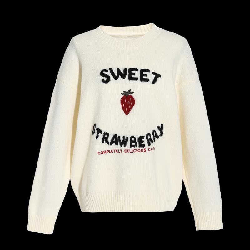 Women's Strawberry Jacquard Round Neck Sweater