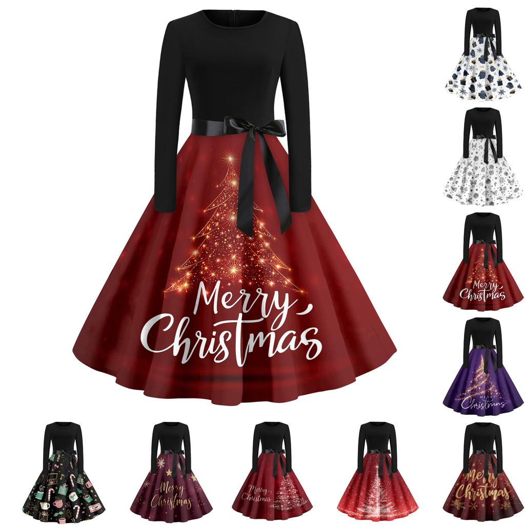Women's Casual Fashion Round Neck Christmas Printed Vintage Dress