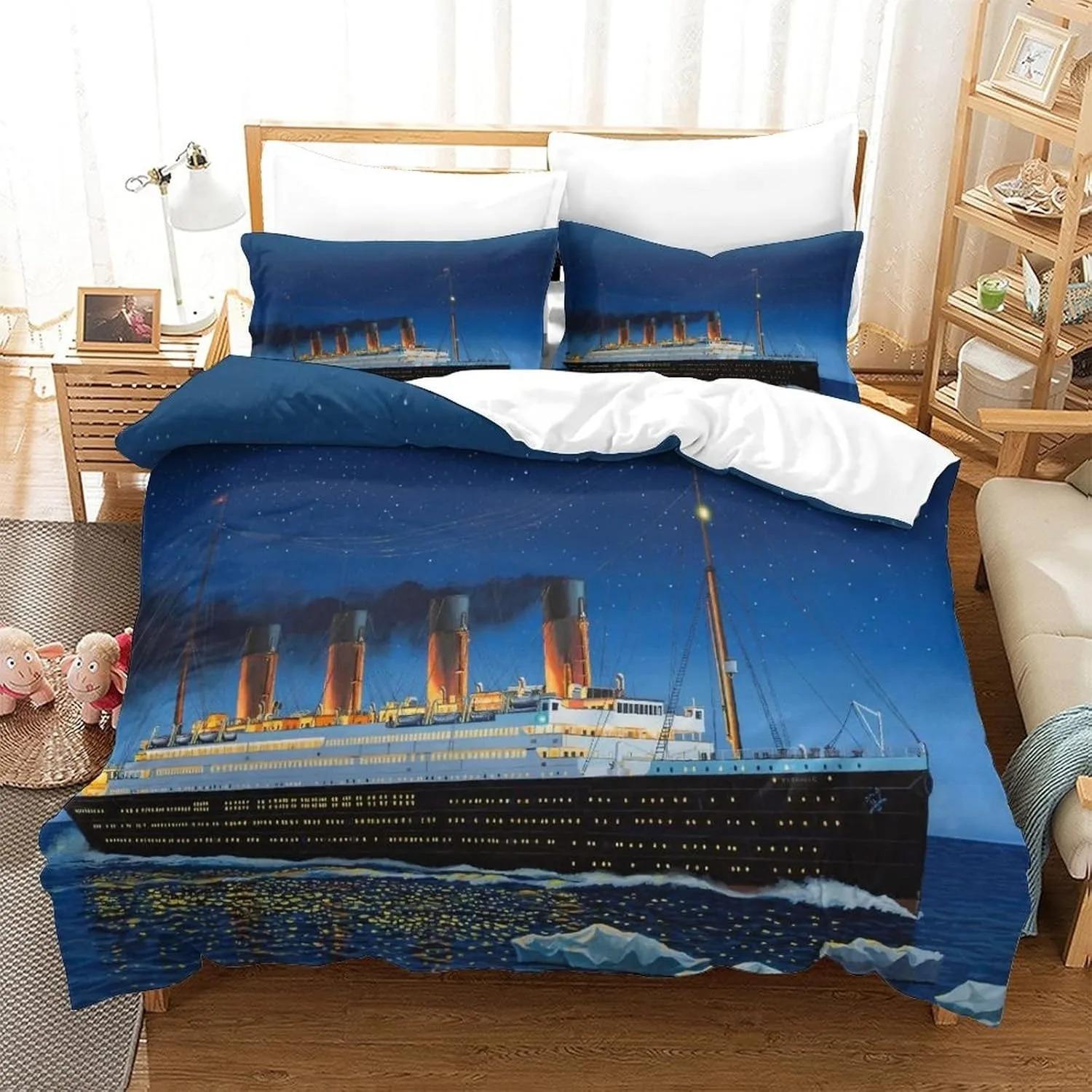 Ensemble Housse de Couette 3D Navire T-Titanic Océan Amour Romantique Taille Jumeau Reine Roi Sans Garnissage ni Drap Cadeau Pour Couple Décoration de Chambre à Coucher EU single(135x200cm)