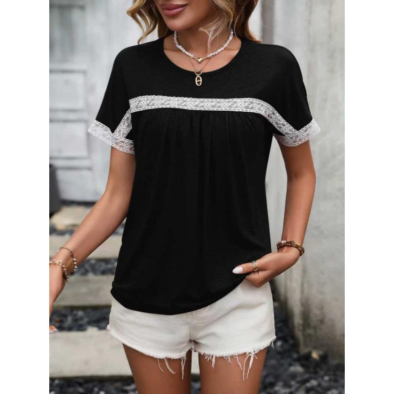 Women Short Sleeve Round Neck Lace Spliced Casual T Shirt