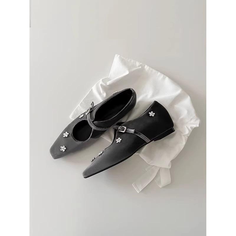 Sheepskin Version~ French Rhinestone Flower Inner Height Increase Small Square Head Light Mouth Single Shoes Women's Word with Silver Mary Jane Shoes