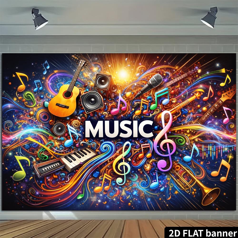 2D Colorful Music Theme Backdrop Guitar Microphone Colorful Music Notes Colorful Printed with MUSIC Durable No Power Required For Music