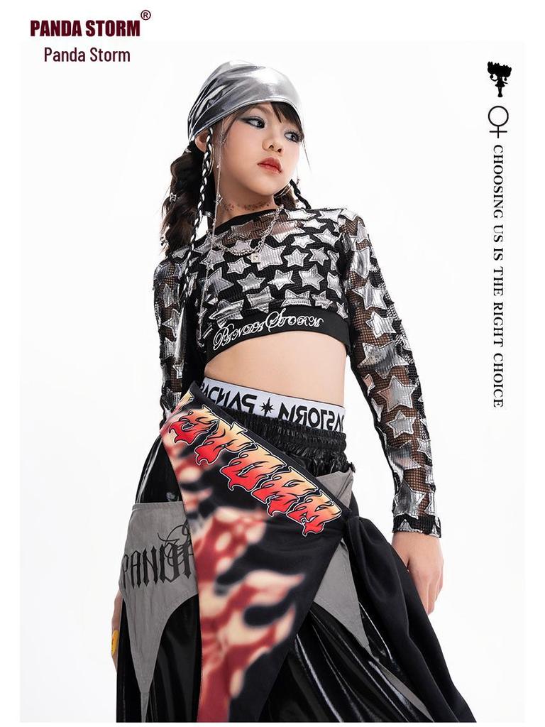 Girls' Jazzy Crop Long-Sleeve Top & Pants Set - Children's Street Dance Costume