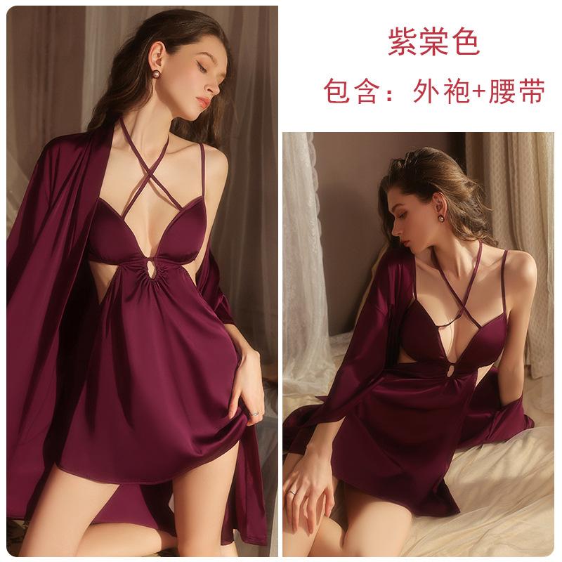 Women's Satin Halter Deep V Padded Backless Sleep Dress with Robe Lounge Set
