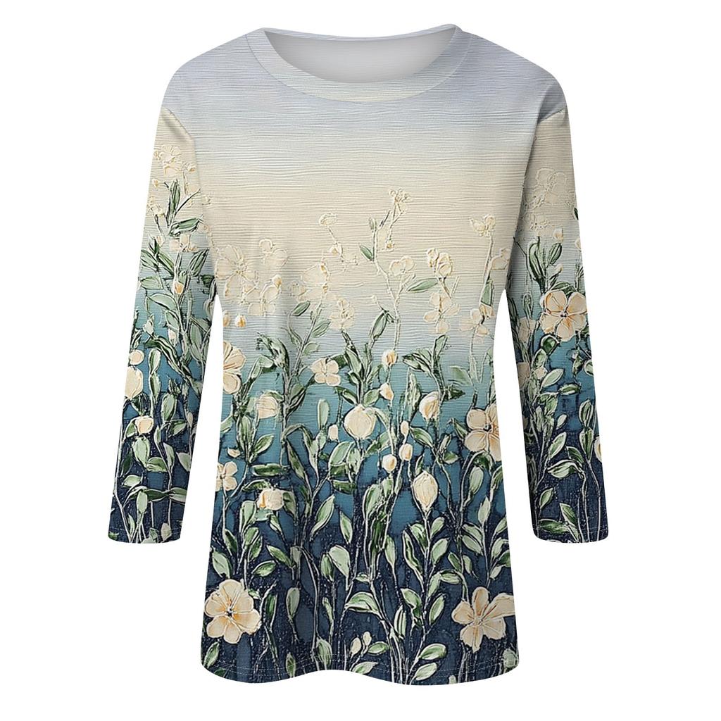 Women's Fashionable Casual Three Quarter Sleeve Printed Collar Pullover Top