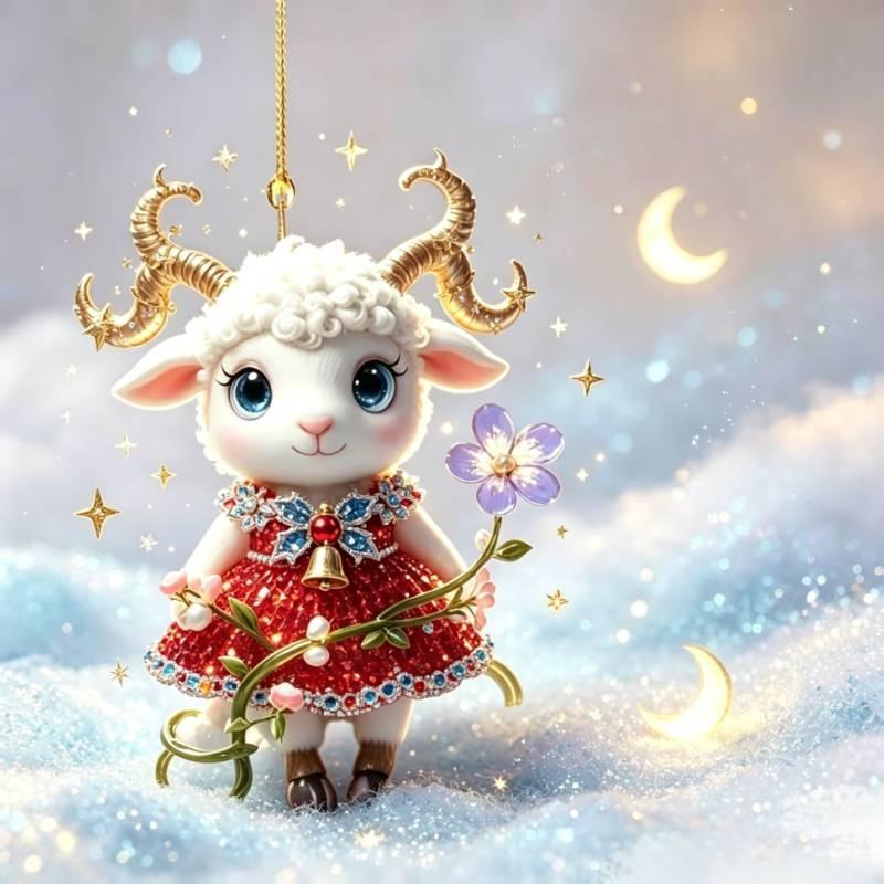 Shining 2D Flat Rhinestone Embossed Goat Pendant Bag Charm Christmas Tree Ornament