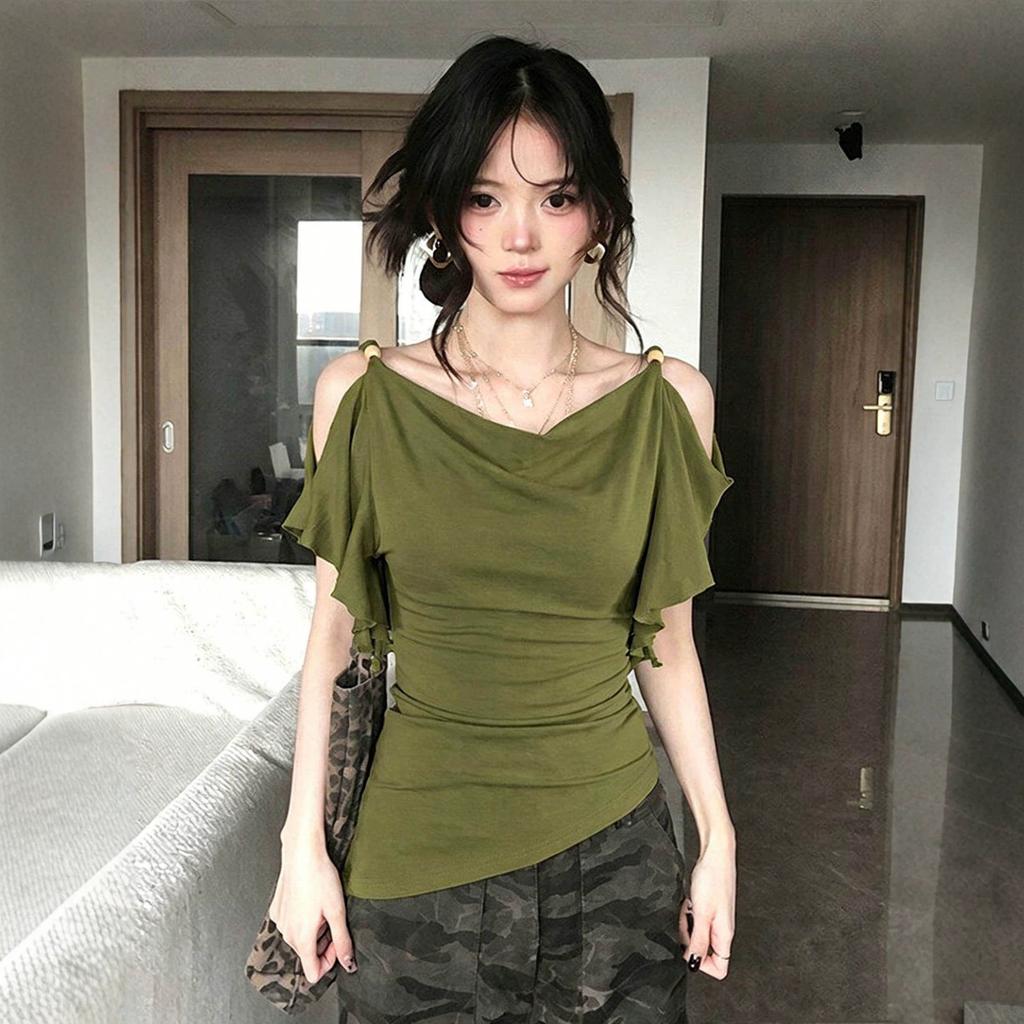 Human Cotton, Ruffle Leaf Edge Off-the-shoulder Swinging Collar T-shirt for Women's Summer Wear Temperament Spice Girl Style Waist and Thin Top