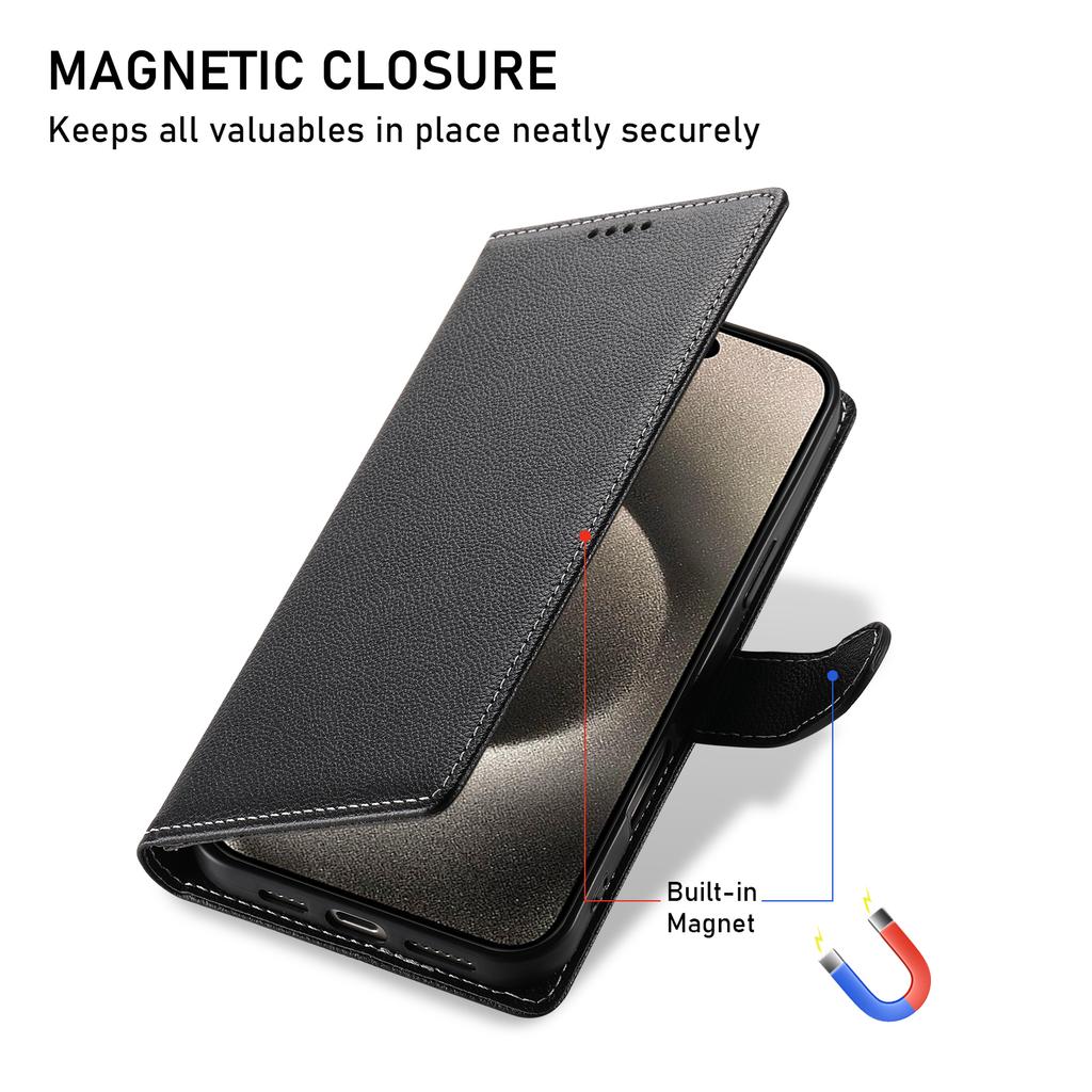 DF-012 For iPhone 15 Case Litchi Texture Leather Magnetic Clasp Wallet Stand Phone Cover