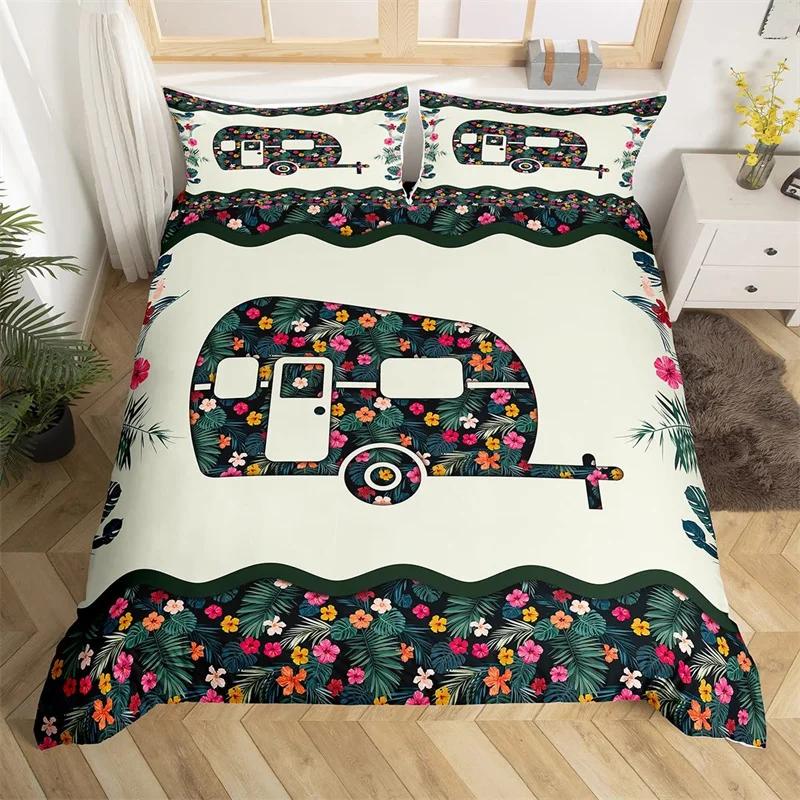 Camper Bedding Set Vintage Cabin Twin Full King Duvet Cover Cartoon Camp Travel Car Quilt Cover Farmhouse Style Comforter Cover