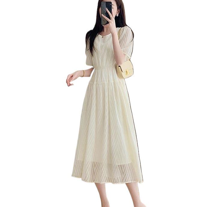 Elegant Mid-Length Chiffon Dress - Summer 2025, Round Neck, Slimming, Flattering Fit