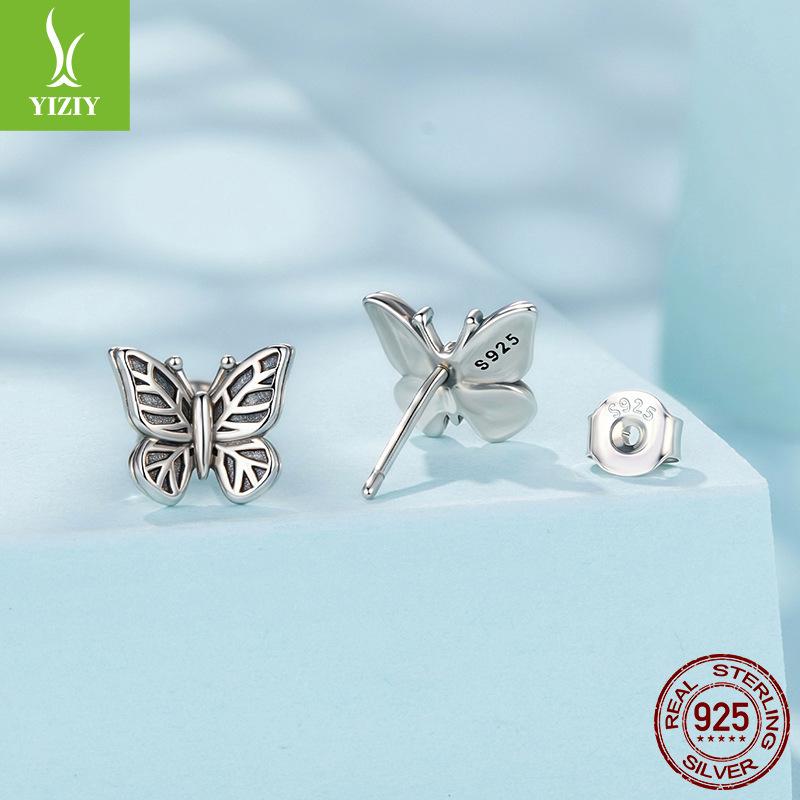 S925 Sterling Silver Retro Butterfly Stud Earrings Women'S Niche Versatile Butterfly Plain Silver Stud Earrings