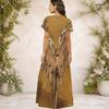Women Plus Size V Neck Short Sleeve Grey Printed Straight Long Dress