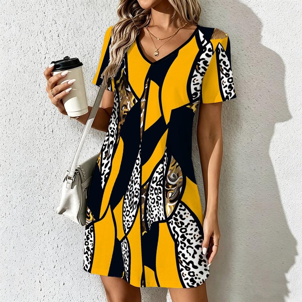 Summer Fashion Women's V Neck Short Sleeve Retro Geometric Pattern Printed Dress Sex Short Skirt Dresses