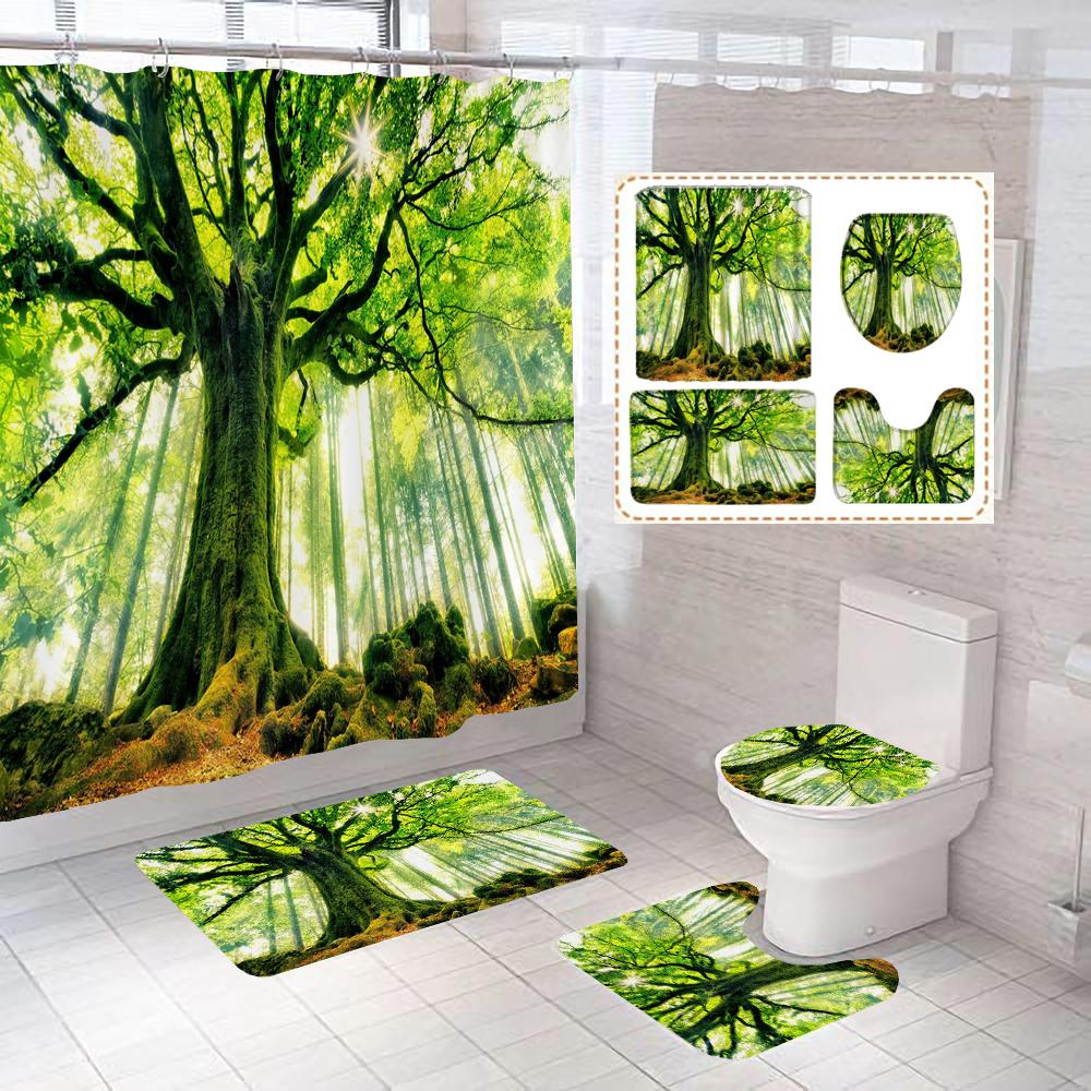 Wasserfall Landschaft Druck Duschvorhang Wald Szenerie Wasserdichte Badezimmer Vorhänge Heimdekoration Rutschfeste Teppiche Duschvorleger Set