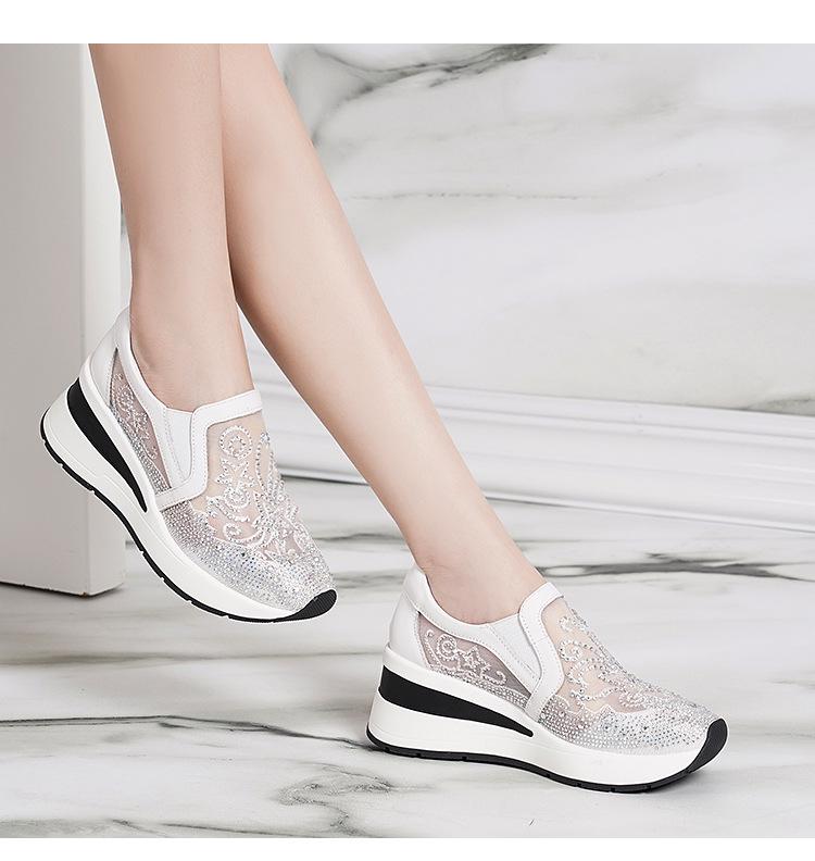 

Новый стиль Вышитые клинья из натуральной кожи: Сетка, Стразы, Толстая подошва, Повседневная женская модная обувь 38 белый