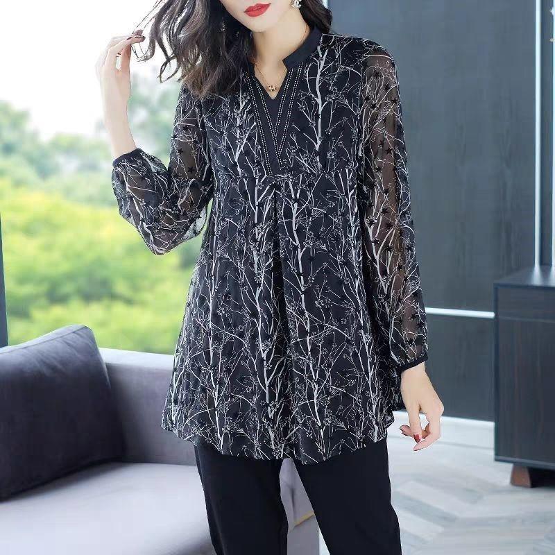 Women's Fashion Spliced Shirt Vintage Floral Printed Star Spring Autumn Casual V-Neck Long Sleeve Commute Loose Blouse