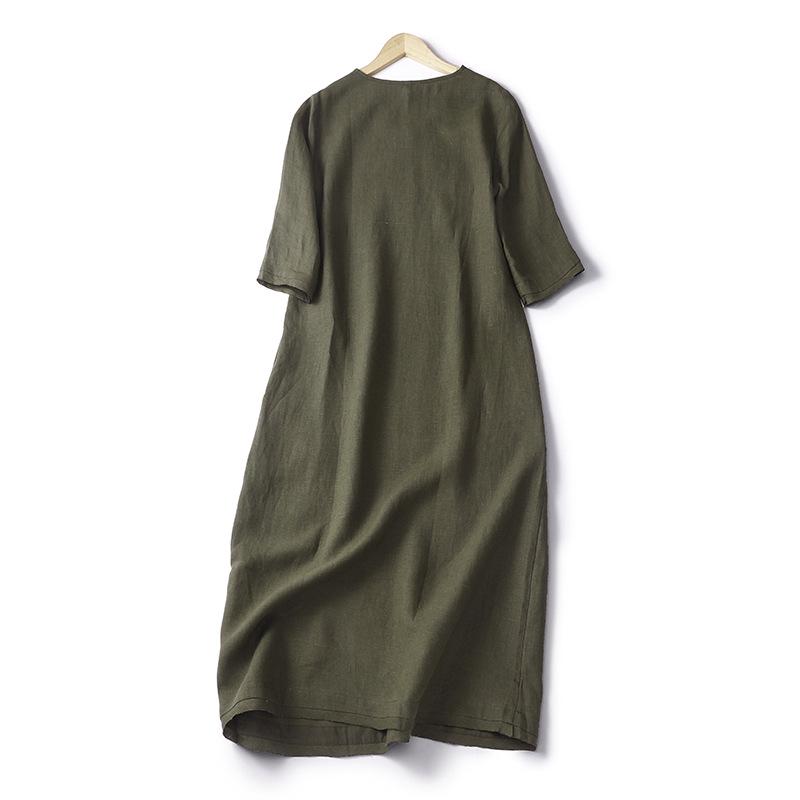 

Retro Linen V-Neck Solid Color Summer Dress - Women s Simple Loose-Fit Long Literary Design L