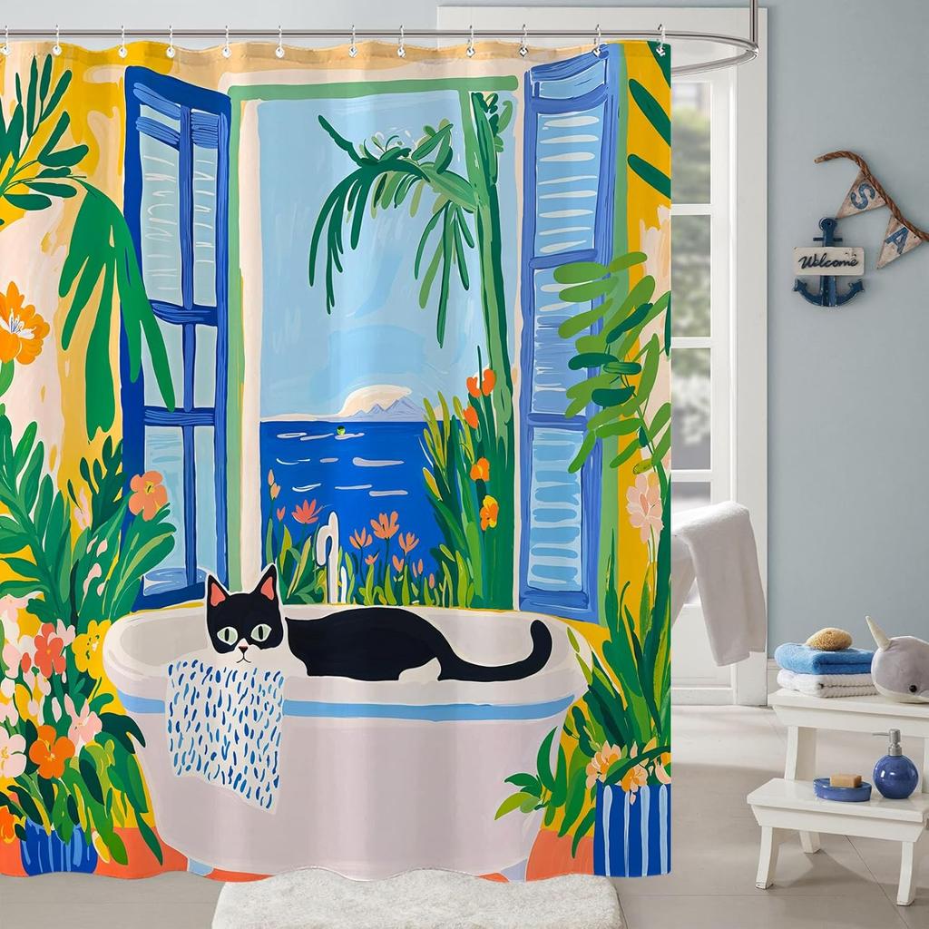 Malerisches Katzen-Duschvorhang-Set Entspannender Fensterblick Wasserdichter Badezimmer-Duschvorhang Tropischer Naturdruck Ruhige Wohnkultur