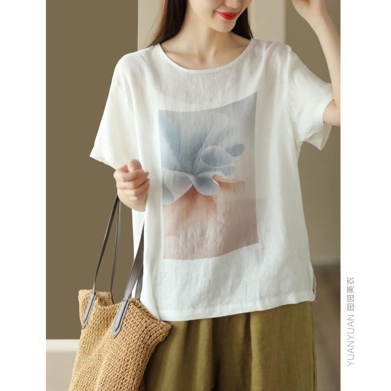 YYFS Women's Fashion Casual Summer Spring Flower Pattern Print 1/2 Sleeves O-Neck Blouses & Shirts