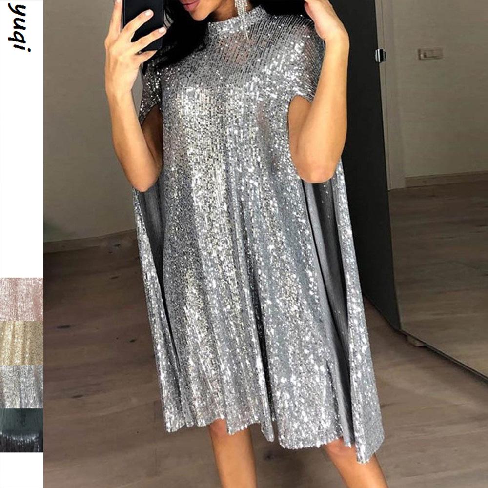 Spring European & American Stand Collar Sequin Dress - Loose Fit Women's Wear