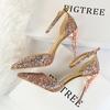 Bigtree European and American Fashion Sexy Hollow Out Nightclub Show Metal Heel  9.5cm High Heel Sparkle Sequins with Sandals