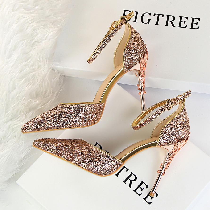 Bigtree European and American Fashion Sexy Hollow Out Nightclub Show Metal Heel  9.5cm High Heel Sparkle Sequins with Sandals