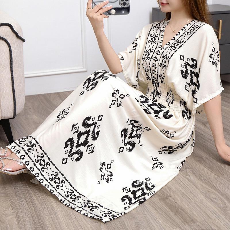 26-Year Floral V-Neck Cotton Silk Batwing Sleeve Beach Dress - Thailand Travel & Vacation Skirt Style