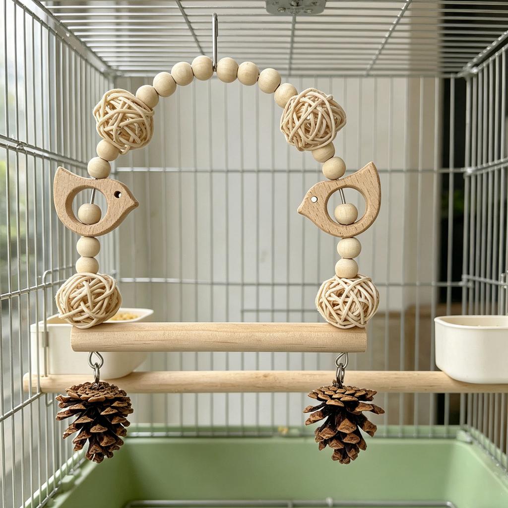 Holz Papageien Kauspielzeug | Schnabelpflege Zubehör Mit Zapfen & Rattankugeln, Vogel Schaukel & Kletterschnur Für Lovebirds, Wellensittiche Und Kleine Vögel