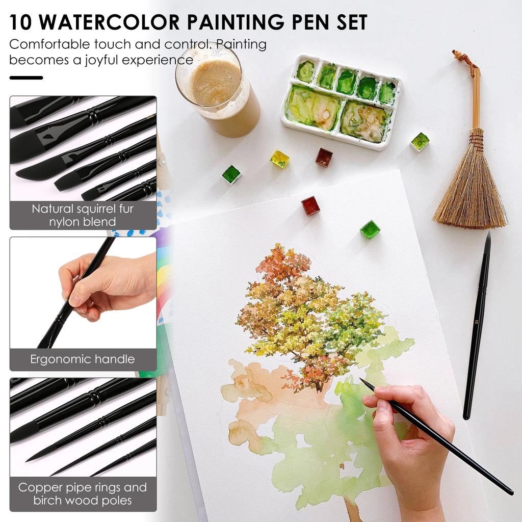 10Pcs Watercolor Paint Brush Set with Ergonomic Wood Handle Artist Paint Brush Art Supplies for Acrylic Painting Oil Painting