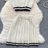 Summer Women Knitted Sweater College Letter Two Piece Set Fashion Girl Single Breasted Cardigan Top and Mini Pleated Skirt Suit