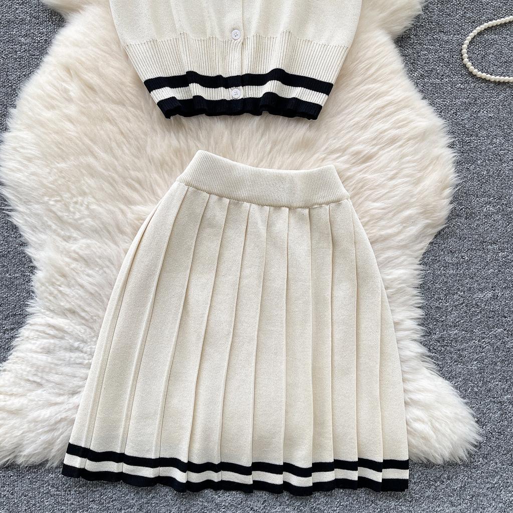 Summer Women Knitted Sweater College Letter Two Piece Set Fashion Girl Single Breasted Cardigan Top and Mini Pleated Skirt Suit