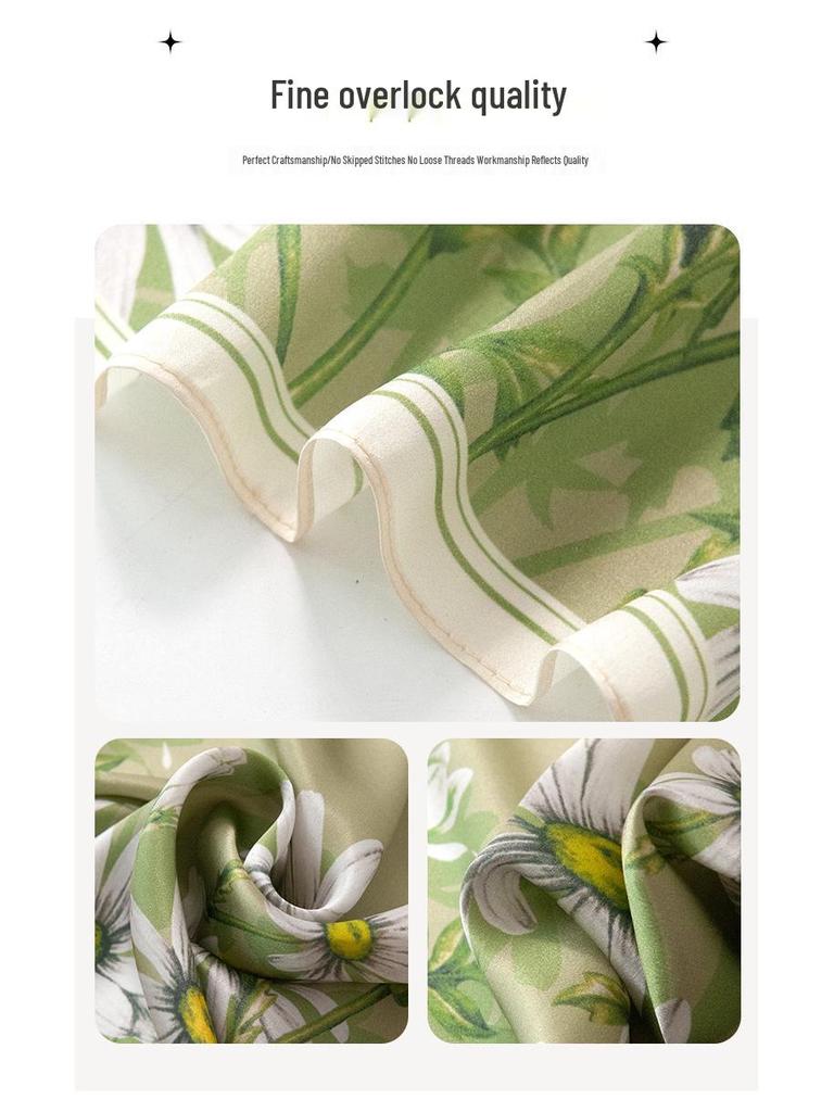 Elegant Green Daisy Mulberry Silk Scarf - Pastoral Style Women's Neck Warmer