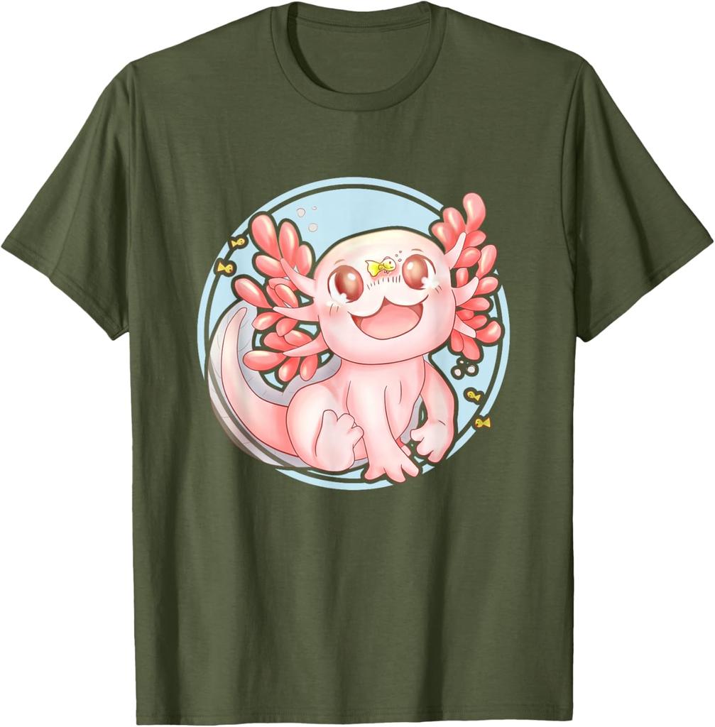 Kawaii Axolotl Cute Pink Amphibian Graphic Tee Soft Cotton Casual Crew Neck T-Shirt for Men