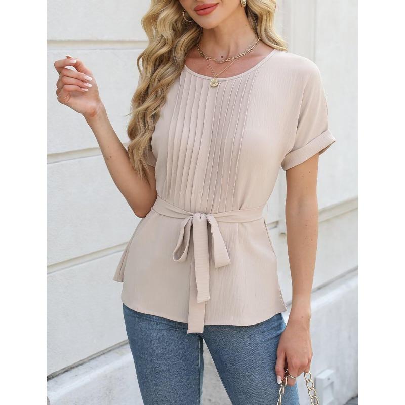 Camicia casual da donna, primavera ed estate, nuova, con volant, scollo rotondo, maniche corte, alla moda