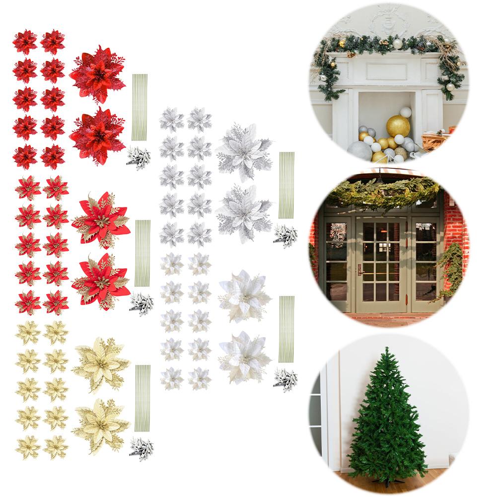 12Pcs Christmas Poinsettia Christmas Tree Flowers Ornaments Decorative DIY Wreath 14cm with Clips for Stairs Window Fireplace