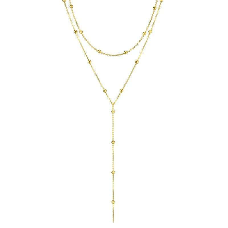 LATS Zlatá barva Dvouvrstvé Dlouhý Třásně Řetízek Náhrdelníky pro Ženy Jednoduchý Kovový Geometrický Korálek Choker Náhrdelník Módní Šperky