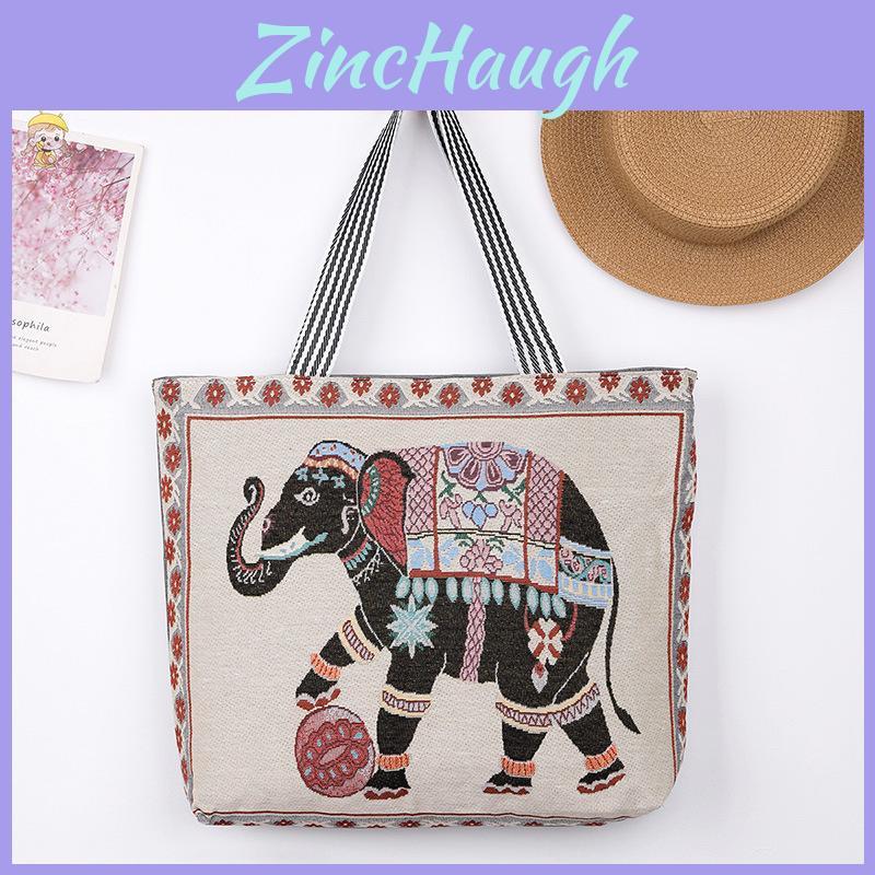Elephant Hello Kitty Butterfly Embroidered Canvas Tote Bag With Seamed Stitching For Daily Use