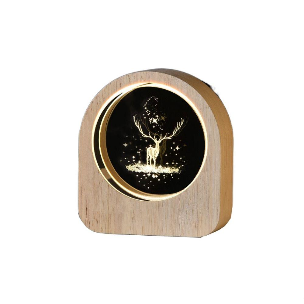 Warm Lights 3D Engraved Lamp Wooden Base Plug and Play Wood Crystal Night Light Decorative Laser Engraved